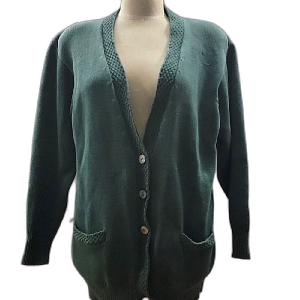 VTG Cricket Green Knit Cardigan Sweater M Cottagecore Grandma Cozy Pockets